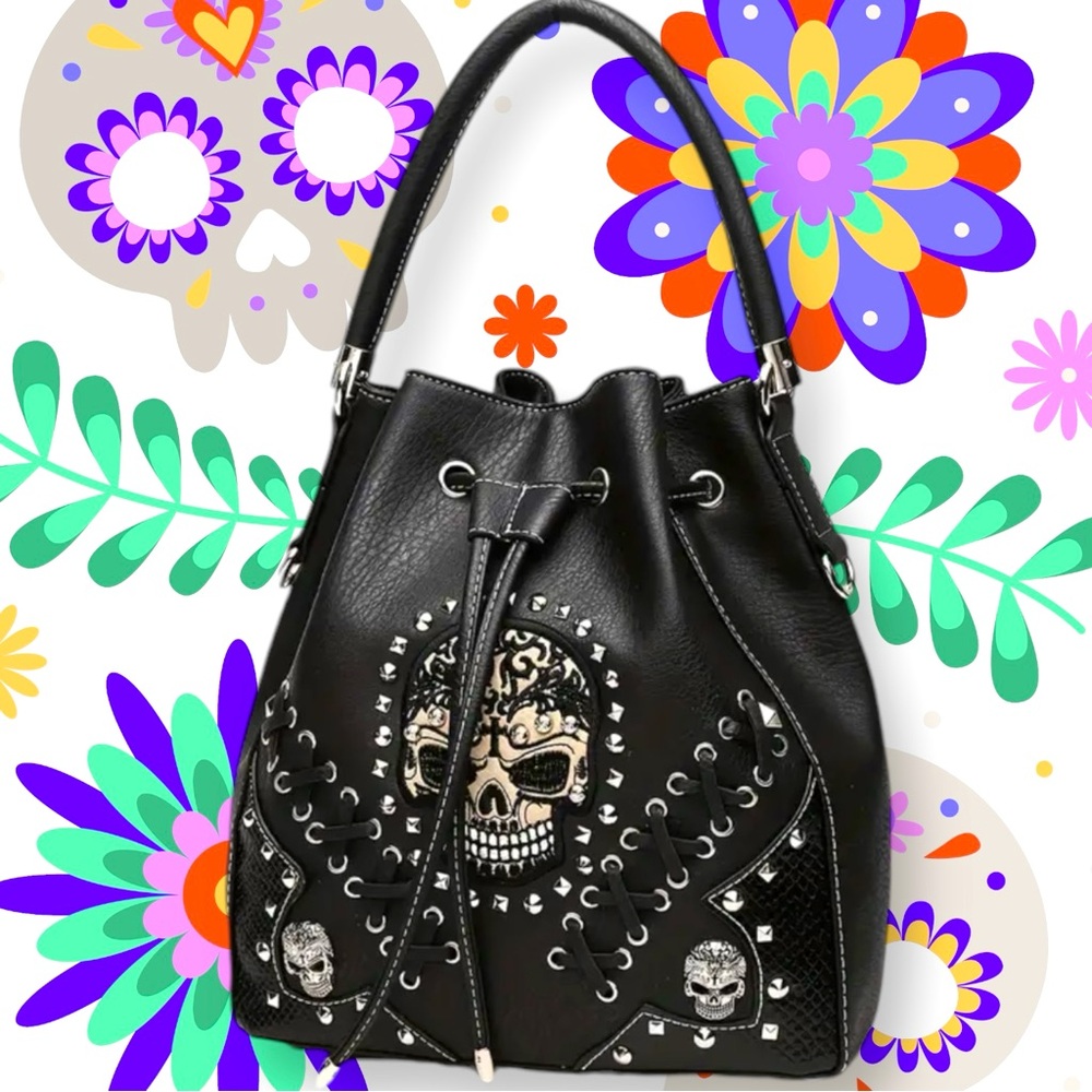 🆕 Punk Gothic Rock Metallic Skull Rivet Studded 
Sugar Skull Bucket Bag 💀